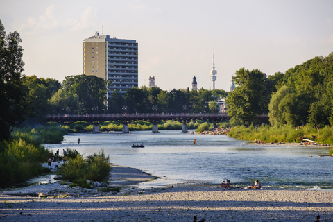 Germany, Munich, View of the Flaucher with TV tower in background stock photo