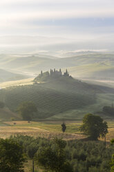 Sunrise across a misty Italian landscape of rolling hills and cypress trees, farmhouse in the distance. - MINF08756