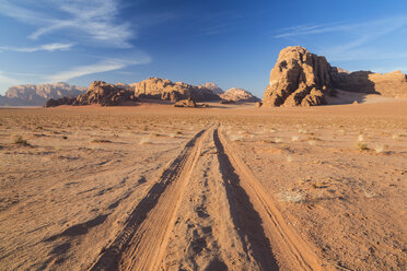 Wüstenlandschaft mit Reifenspuren, die zu einem entfernten Berg führen. - MINF08823