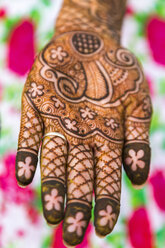 Nahaufnahme einer weiblichen Hand, die mit Henna-Tätowierungen mit komplizierten geometrischen, floralen und blattartigen Mustern bedeckt ist. - MINF08854