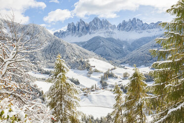 Winterlandschaft mit Tal, Wald und schneebedeckten Bergen. - MINF08885