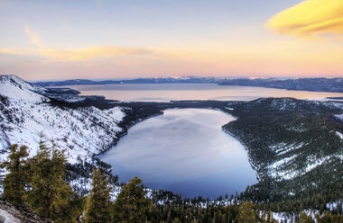 Fallen Leaf Lake and Lake Tahoe at sunset in the winter, California. - AURF00658