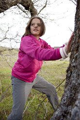 A young girl dressed in pink standing in a tree. - AURF00703