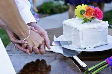 Ein frisch verheiratetes Paar schneidet in Dayton, Nevada, gemeinsam die Torte an. - AURF00882