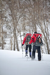 Zwei Schneeschuhwanderer in der Sounkyo-Schlucht, Daisetsuzan-Nationalpark, Hokkaido, Japan. - AURF00949