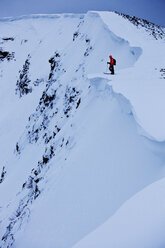 Ein sportlicher Snowboarder, der mit einem Splitboard den Berg in Colorado hinaufwandert. - AURF01007