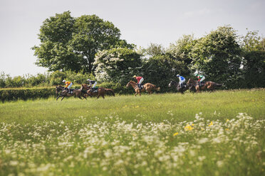 Gruppe von Reitern auf Rennpferden während eines Hindernisrennens, niedrige Perspektive. - MINF09015