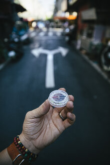 A hand holding a compass at a junction on a city street. - MINF09029