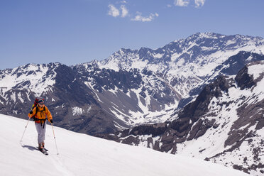 A woman ski mountaineering on Volcan San Jose in the Andes mountains of Chile - AURF01227