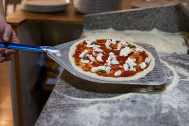 Nahaufnahme eines Pizzabäckers mit roher Pizza auf einer Pizzaschaufel - AFVF01440