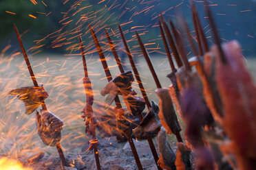 Auf Rotholzpfählen aufgespießter Lachs kocht auf offenem Feuer am Klamath River. - AURF01483