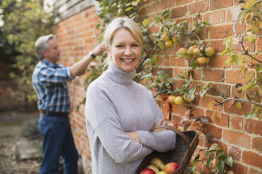 Porträt einer lächelnden, selbstbewussten reifen Frau, die im Garten Äpfel erntet - HOXF03691