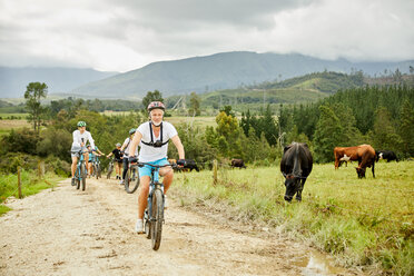 Mann auf Mountainbike mit Freunden auf ländlichem Feldweg entlang einer Kuhweide - CAIF21334