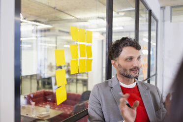 Kreativer Geschäftsmann beim Brainstorming mit Haftnotizen im Büro - CAIF21531