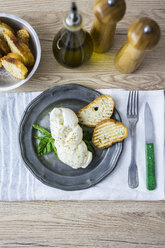Mozzarella braid, basil and bread on plate - GIOF04238