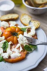 Italienisches Essen, Caprese, Mozzarella, Tomaten und Basilikum - GIOF04254