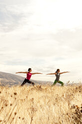 Zwei Frauen üben Yoga in der freien Natur auf einem Feld mit getrocknetem Gras. - AURF01585