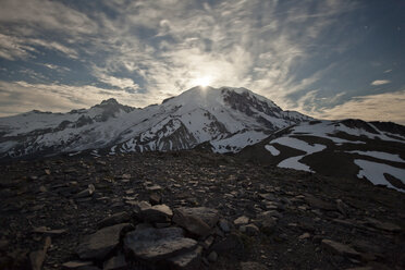 The Moon rises over Mount Ranier. - AURF01790