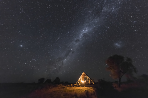 Botswana, Kgalagadi Transfrontier Park, Kalahari, Two Rivers Camp at night, milky way stock photo