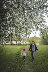 Finland, Kuopio, mother walking with daughter on a rural meadow - PSIF00038