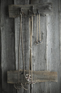 Alte Skistöcke hängen an einer rustikalen Holzwand - ASF06220