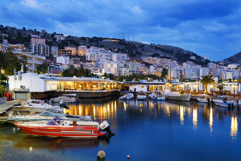 Albania, Vlore County, Saranda, Fishing harbour in the evening - SIEF07950