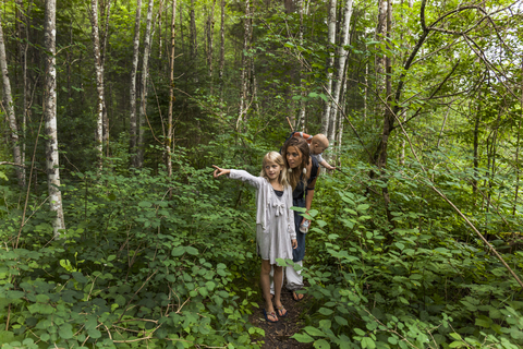 Mädchen beim Wandern im Wald zeigt Mutter und kleinem Bruder den Weg, lizenzfreies Stockfoto