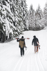Italien, Modena, Cimone, Rückansicht eines Paares mit Skifahrern und Snowboard im Winterwald - JPIF00006