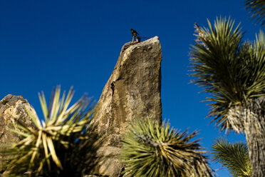 Eine Kletterin arbeitet sich am Cryptic (5.8) hoch, während ihr Partner vom Gipfel des Headstone Rock im Ryan Campground, Joshua Tree National Park, Kalifornien, sichert. - AURF01966