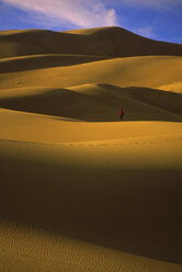 A lone hiker is dwarfed by immense sand dunes in Great Sand Dunes National Monument. - AURF01981