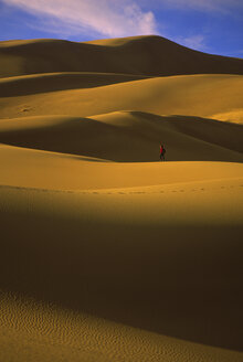 Ein einsamer Wanderer wird von riesigen Sanddünen im Great Sand Dunes National Monument in den Schatten gestellt. - AURF01981