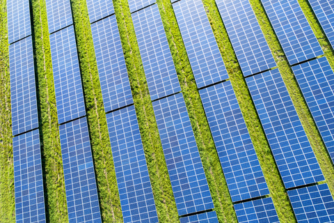 Aerial view of photovoltaic plant stock photo