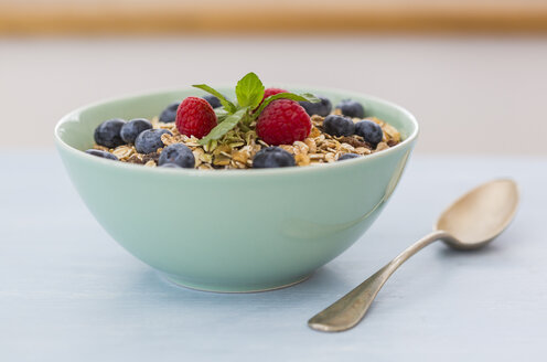 Bowl of muesli with raspberries and blueberries - JUNF01091