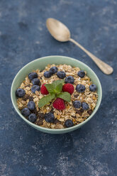 Bowl of muesli with raspberries and blueberries - JUNF01092