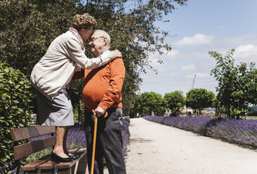 Senior couple having fun in the park, woman standing on bench kissing senior man on forehead - UUF14945