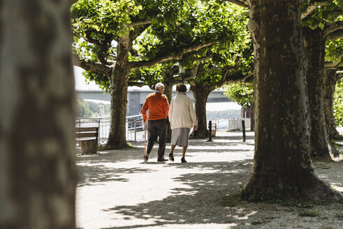 Älteres Paar beim Spaziergang im Park, Rückansicht - UUF14958