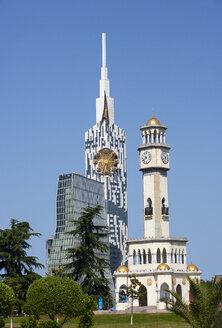 Georgia, Adjara, Batumi, Miracle Park, Chacha Clock Tower and technical university with big wheel in the tower - WWF04351