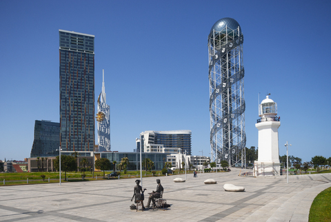 Georgia, Adjara, Batumi, Miracle Park with Alphabetic Tower and lighthouse stock photo