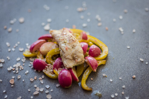 Grilled chicken with yellow bell peppers and red radishes - RAMAF00020