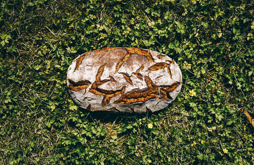 Loaf of brown bread on grass - RAMAF00025