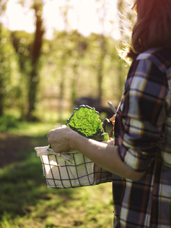 Woman carrying basket of harvested vegetables, partial view - RAMAF00046