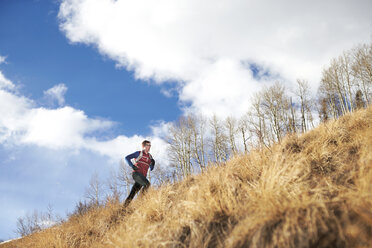 Ein erwachsener Mann, der durch einen grasbewachsenen Pfad in den Bergen von Telluride Colorado läuft - AURF02983