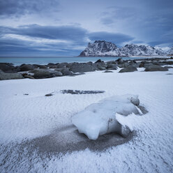 Dusting of snow covers sand at Uttakleiv beach, Vestv├Ñg├©y, Lofoten Islands, Norway - AURF03118