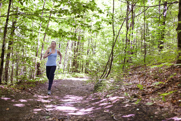 Fit junge Frau Trailrunning auf Pfaden durch den Wald am Mount Sabattus - AURF03157