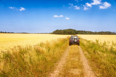 United KIngdom, East Lothian, Geländewagen auf Feldweg - SMAF01156