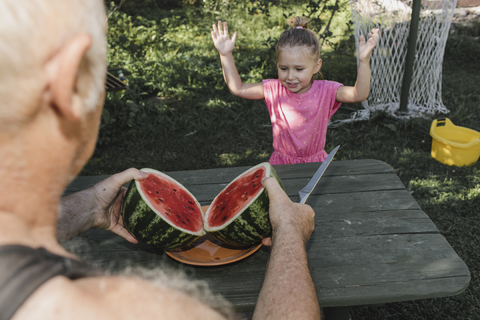 Porträt eines kleinen Mädchens im Garten mit ihrem Großvater beim Schneiden von Wassermelonen, lizenzfreies Stockfoto