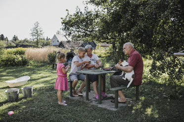 Großeltern verbringen Zeit mit ihrem Enkel und ihrer Enkelin im Garten - KMKF00489