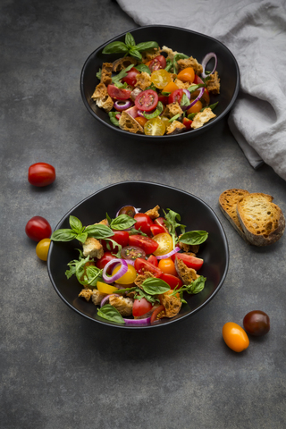 Panzanella aus geröstetem Ciabatta, Rucola, roten Zwiebeln, Tomaten und Basilikum, lizenzfreies Stockfoto