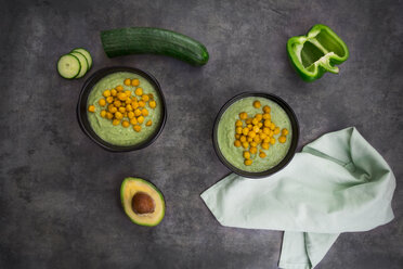 Bowl of green gazpacho with avocado and curcuma roasted chick peas - LVF07430