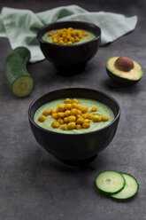 Bowl of green gazpacho with avocado and curcuma roasted chick peas - LVF07432